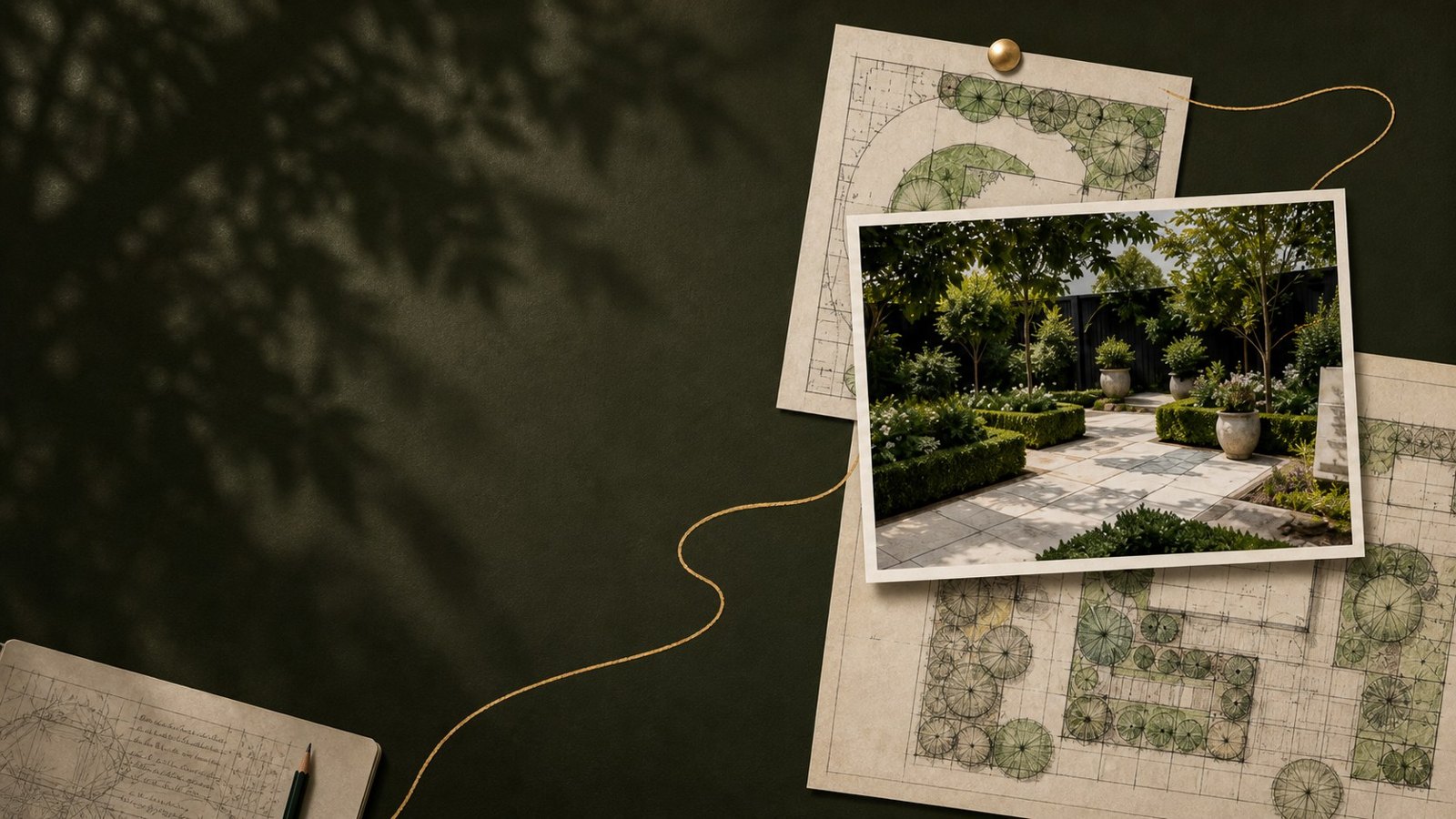 A hand-drawn garden plan beside a photograph of a finished formal garden